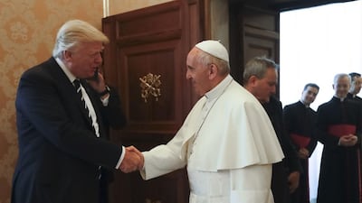 Pope Francis meets with President Donald Trump on the occasion of their private audience, at the Vatican, Wednesday, May 24, 2017. (AP Photo/Alessandra Tarantino, Pool)