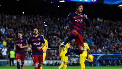 Neymar celebrates his opening goal for Barcelona on Wednesday night in their Champions League contest at the Camp Nou. David Ramos / Getty Images
