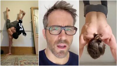 Tom Holland (left) and Jake Gyllenhaal (right) have both partaken in the handstand challenge on Instagram. Ryan Reynolds (centre), however, declined to get involved. Instagram