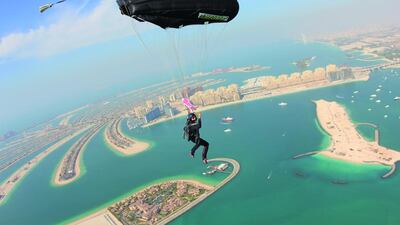 Stefanie Morgner says jumping over the Skydive Dubai Palm drop zone offers spectacular views of the Palm Jumeirah and Dubai coastline. Courtesy Mas Di Siena