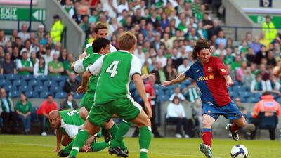 Lionel Messi scores for Barcelona during the pre-season friendly against Hibernian at Murrayfield Stadium, Edinburgh. Getty