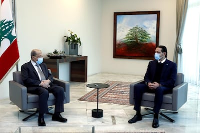 Lebanese prime minister-designate Saad Hariri meets President Michel Aoun at the presidential palace in Baabdaon on February 12, 2021. Dalati Nohra via Reuters