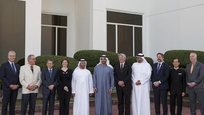 Sheikh Mohammed bin Zayed, Crown Prince of Abu Dhabi and Deputy Supreme Commander of the Armed Forces, receives Simon Bartley President of WorldSkills International (L), during a Sea Palace barza. Seen with Mubarak Al Shamsi, Director General of Abu Dhabi Center for Technical and Vocational Education and Training (C). Hamad Al Kaabi / Crown Prince Court — Abu Dhabi