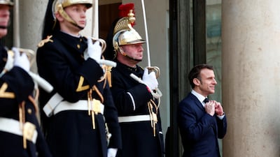 French President Emmanuel Macron prepares for the arrival of Sheikh Tamim for a meeting at the Elysee Palace as part of the emir's two-day state visit to Paris. Reuters