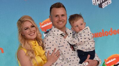US television personalities Heidi Montag, left, and Spencer Pratt and son Gunner arrive for the 32nd Annual Nickelodeon Kids' Choice Awards at the USC Galen Center on March 23, 2019 in Los Angeles. AFP