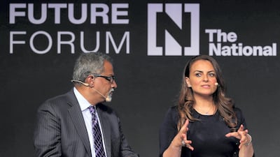 Raju Narisetti (left) and The National's editor-in-chief Mina Al-Oraibi speak about the future of news at The National's Future Forum in Abu Dhabi. Chris Whiteoak / The National