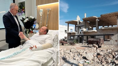 Left: Australian prime Minister Anthony Albanese meets Ahmed Al Ahmed at St George Hospital in Sydney. Right: the damaged family house of Ahmed Al Ahmed in the town of Nayrb. AP / Reuters
