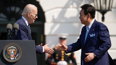 President Joe Biden and South Korea's President Yoon Suk-yeol on the South Lawn of the White House on April 26. AP