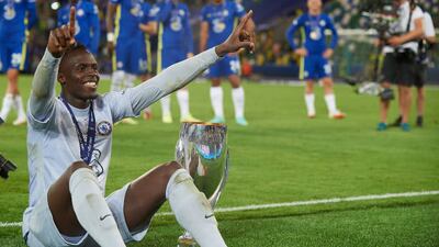 Edouard Mendy of Chelsea with the trophy.