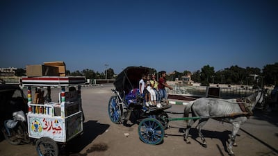 Egyptian children ride a horse-drawn cart in a park to in the city of Qanater Al-Khayria in the province of Qalioubia, Egypt. Mohamed el-Shahed / AFP