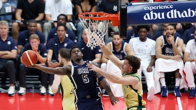 Anthony Edwards of USA scores during the USA's 98-92 exhibition match against Australia at the Etihad Arena in Abu Dhabi. All photos: Chris Whiteoak / The National