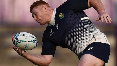TOPSHOT - South Africa's prop Steven Kitshoff takes part in a training session at Fuchu Asahi Football Park in Tokyo on October 23, 2019, ahead of their Japan 2019 Rugby World Cup semi-final against Wales. / AFP / Anne-Christine POUJOULAT