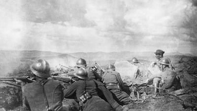 Greek soldiers engage Turkish troops in 1921. Violence between the two brought misery and death to the Turkish people and military defeat for the Greeks. Topical Press Agency / Hulton Archive / Getty Images.