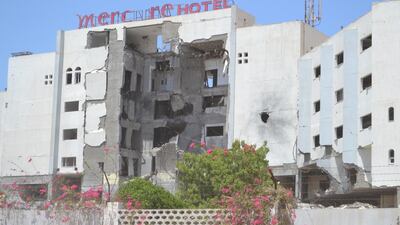 The severely damaged Mercure Hotel in the upmarket Khour Maksarare district where hotels and restaurants line the seafront. many of them were badly damaged in the Houthi assault.