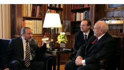 The Greek president, Karolos Papoulias, right, meets the Israeli foreign minister Avigdor Lieberman, left, in Athens as part of the two nations' rapprochement, a friendship which is worrying to Turkey.