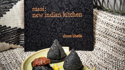 Activated charcoal chicken samosas at Rasoi by VIneet