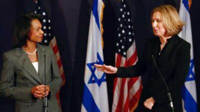The Israeli foreign minister, Tzipi Livni, right, speaks during a joint press conference with the US Secretary of State, Condoleezza Rice, in Jerusalem.