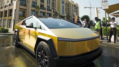 A gold-plated Cybertruck is on display outside the Gold Souk Extension in Dubai until December 29. Photo: Tesla / GSE