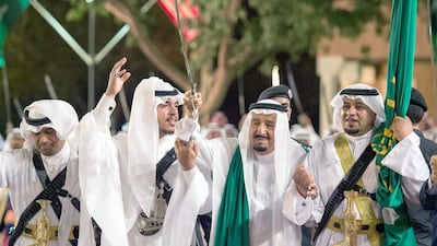 King Salman leads the sword dance. SPA / EPA