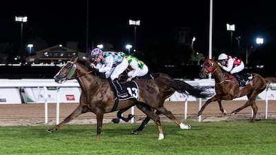 Rmmas and jockey Tadhg O'Shea race to victory in the President’s Cup Prep for Purebred Arabians. Reem Mohammed / The National