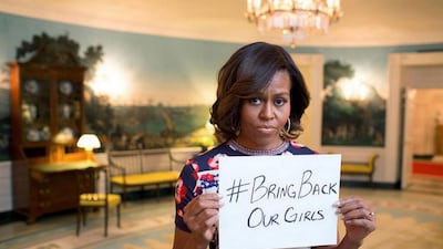 Michelle Obama, the wife of the United States president, holds a Bring Back our Girls sign. Courtesy The White House