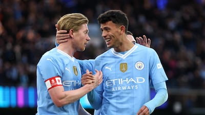 Kevin De Bruyne and Matheus Nunes celebrate at the Etihad Stadium on Sunday. Getty Images