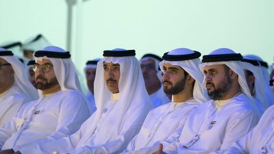 Sheikh Theyab bin Mohamed bin Zayed, Chairman of the Department of Transport, and Abu Dhabi Executive Council Member (R), Ahmed Juma Al Zaabi, UAE Deputy Minister of Presidential Affairs (3rd R) and Mohamed Abdulla Al Gergawi, UAE Minister of Cabinet Affairs and the Future (L), attend the UAE Government annual meeting, at The St Regis Saadiyat Island Resort. Rashed Al Mansoori / Ministry of Presidential Affairs