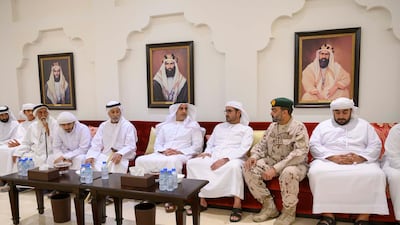 Sheikh Saif bin Zayed, Deputy Prime Minister and Minister of Interior, offers his condolences to the Al Mansouri family in Al Ain after the death of Capt Saeed Al Mansouri. Wam