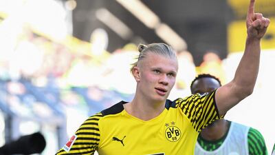 Dortmund forward Erling Haaland celebrates against Wolfsburg in the Bundesliga match in April, 2022. AFP