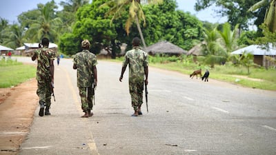 Soldiers from the Mozambican army patrol the streets after security in the area was increased, following a two-day attack from suspected islamists in October 2018 in Mocimboa da Praia, Mozambique. AFP