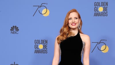 Jessica Chastain, in a black one-shouldered Armani Prive gown, at the Golden Globes in Hollywood on January 8, 2018. EPA