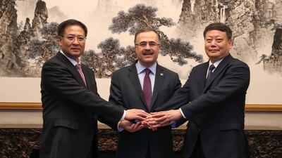 Saudi Aramco chief executive Amin Nasser, centre with Norinco Group Chairman Jiao Kaihe, left and Liaoning province governor Tang Yijun, right, in Beijing. Courtesy: Saudi Aramco