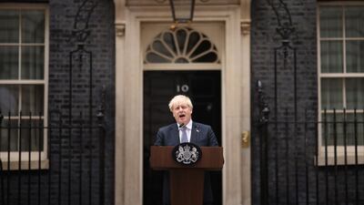 Prime Minister Boris Johnson addresses the nation as he announces his resignation outside 10 Downing Street, on July 7, in London. Getty