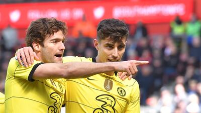 Chelsea's Marcos Alonso (L) celebrates with Kai Havertz after scoring the first goal in the 6-0 Premier League victory at Southampton. EPA