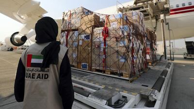 Aid is loaded up on a plane to Lebanon at Dubai airport to support Beirut after the explosion, Dubai. Chris Whiteoak / The National