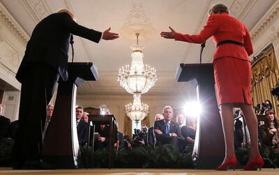 Britain's ambassador to the US Kim Darroch listens as US President Donald Trump and British Prime Minister Theresa May hold a joint news conference at the White House in Washington. Reuters
