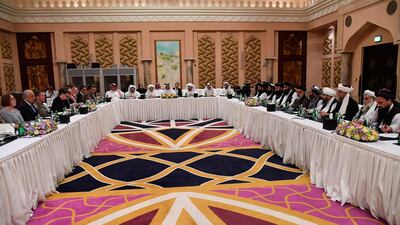 The US Special Representative for Afghanistan, Ambassador Zalmay Khalilzad, and the Deputy Commander of the Taliban Movement for Political Affairs, Mulla Abdul Ghani Berader, right, in an undisclosed place in Doha, Qatar, February 26, 2019. AP