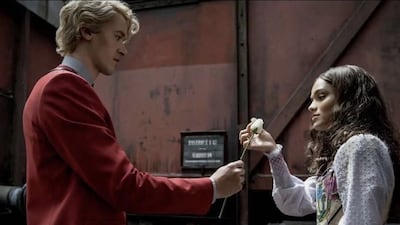 Tom Blyth as Coriolanus Snow, and Rachel Zegler as Lucy Gray Baird in The Hunger Games prequel, The Ballad of Songbirds and Snakes. Photo: Lionsgate