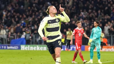 Manchester City's Erling Haaland celebrates scoring the opening goal against Bayern Munich in the Champions League quarter-final second leg at Allianz Arena on Wednesday, April 19, 2023. PA