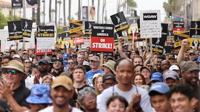 Sag-Aftra and Writers Guild of America members rally during the strike in Los Angeles, California. Reuters