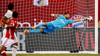 Real Madrid keeper Francisco Casilla makes a save during the first half of the International Champions Cup match between FC Bayern Munich and Real Madrid at MetLife Stadium in East Rutherford, New Jersey, USA, 03 August 2016. Justin Lane / EPA