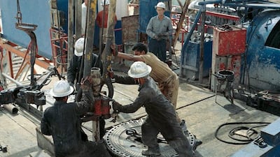 Drilling in progress on Murban 5 in Bab in 1961. Commercial quantities of oil had been discovered in Murban in May 1960. Courtesy Adnoc Drilling