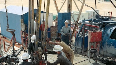 Drilling in progress on Murban 5 in Bab in 1961. Commercial quantities of oil had been discovered in Murban in May 1960. Courtesy Adnoc Drilling