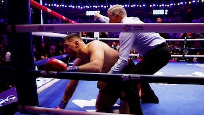 Kristian Prenga is knocked out by Anthony Joshua. Reuters
