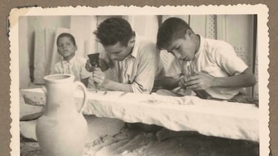 Vers la Tunisie...Sur le Kairouan (A Trip to Tunisia on the Kairouan). Stonemasons work at Dar Chaabane El Fehri, Nabeul, Tunisia, circa 1951