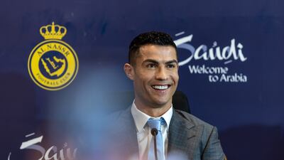 Cristiano Ronaldo attends a press conference during his official unveiling. Getty