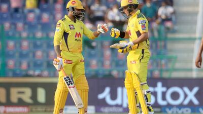 Ravindra Jadeja, left, guided Chennai Super Kings to a last-ball win over Kolkata Knight Riders in Abu Dhabi on Sunday. Sportzpics for IPL