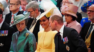 Princess Anne, Prince William and his wife Catherine attending the National Service of Thanksgiving to celebrate Queen Elizabeth's platinum jubilee at St Paul's Cathedral in June 2022.