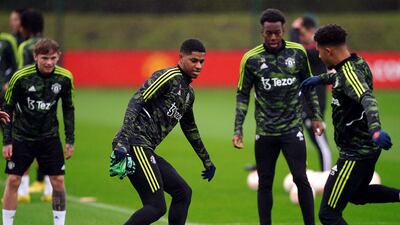 Marcus Rashford during training at the AON Training Complex in Manchester. PA