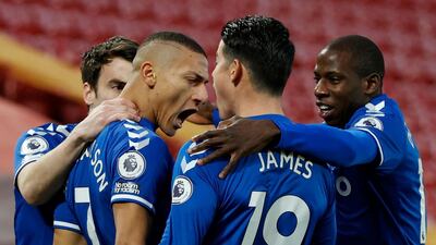 Richarlison celebrates scoring for Everton against Liverpool at Anfield. Reuters